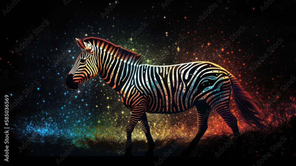 Fototapeta premium A luminous, cosmic zebra, its stripes like the trails of shooting stars, galloping through a nebula-filled savanna - Generative AI