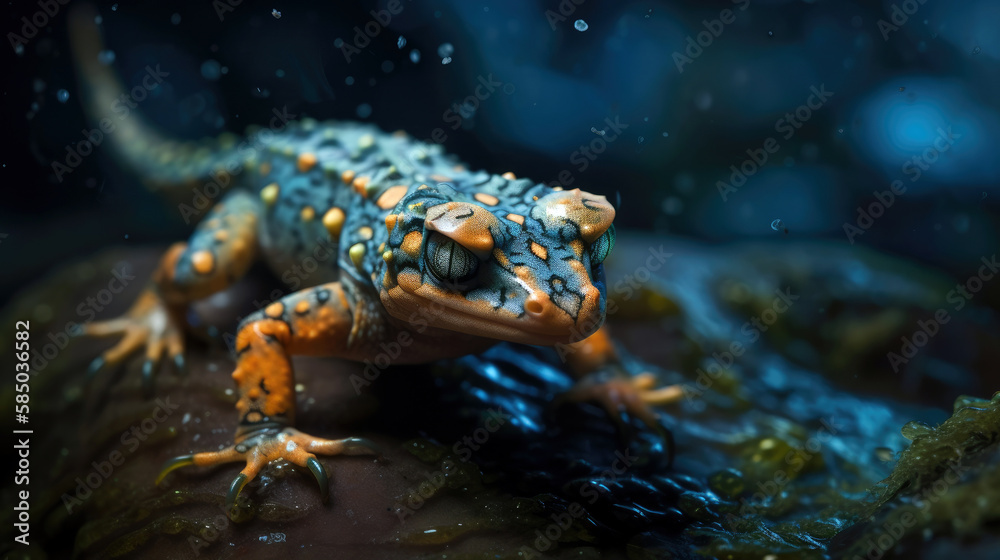 A luminescent, otherworldly newt, its skin adorned with radiant patterns, crawling through a cosmic tide pool - Generative AI A luminescent, otherworldly newt, its skin adorned with radiant patterns, crawling through a cosmic tide pool - Generative AI