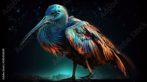 A luminescent  cosmic ibis  its wings outstretched to reveal patterns of constellations  perched on a glowing cosmic shoreline - Generative AI