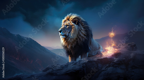 A luminescent  regal lion  its mane roaring with celestial fire  standing proudly atop a cosmic mountaintop - Generative AI