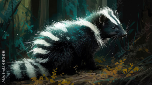 A luminescent, otherworldly skunk, its stripes glowing like celestial contrails, foraging in a cosmic underbrush - Generative AI
