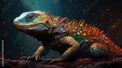 Vibrant Lizard Basks on Cosmic Asteroid - Generative AI © AstralAngel