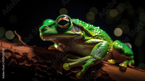 Green frog sits on a log with a black background- Generative AI