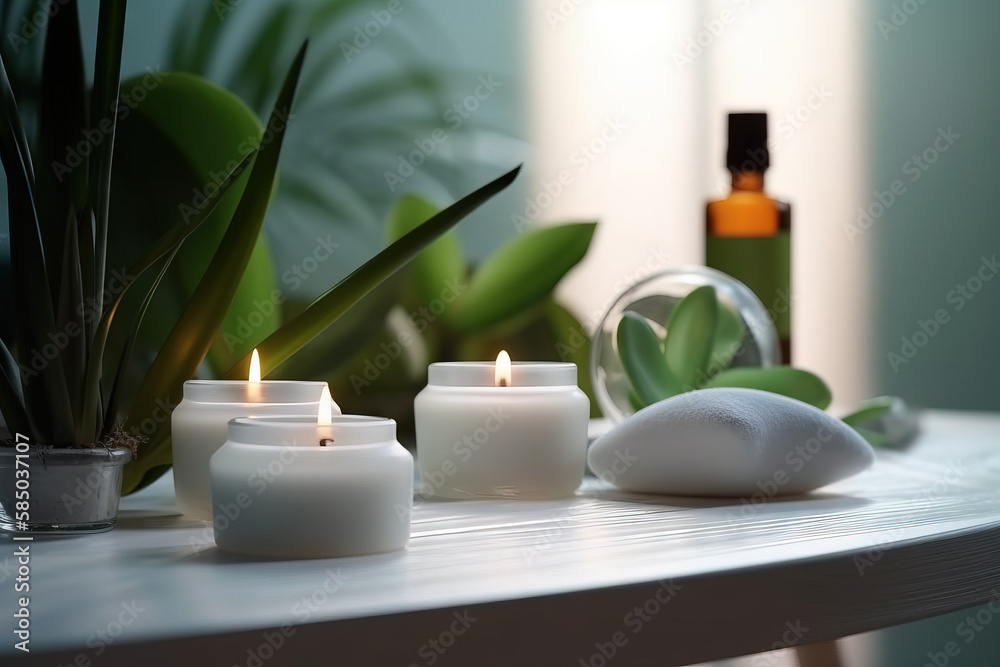 Beauty treatment items for spa procedures on a white wooden table. massage stones, essential oils, and sea salt. generative ai Beauty treatment items for spa procedures on a white wooden table. massage stones, essential oils, and sea salt. generative ai