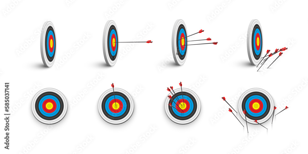 3d archery target with arrows set, front and isometric view vector illustration. Realistic