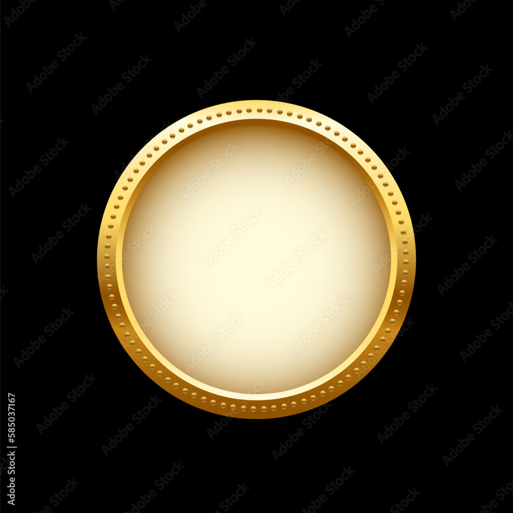 Gold coin vector illustration. 3d realistic golden money cash or treasure sign, isolated shiny medal or premium game prize, front view of metal medallion with round border frame on black background