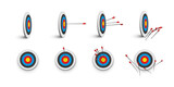 3d archery target with arrows set, front and isometric view vector illustration. Realistic isolated dartboard collection with arrows in bullseye center, archers darts hit or miss circle boards