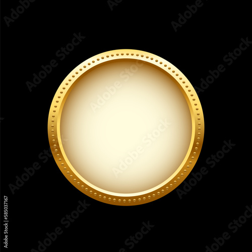 Gold coin vector illustration. 3d realistic golden money cash or treasure sign, isolated shiny medal or premium game prize, front view of metal medallion with round border frame on black background