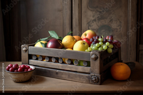Still life with fresh fruit in a wooden box with wooden cabinets in the background. Painting style from the 1400s. Image created with generative artificial intelligence. photo