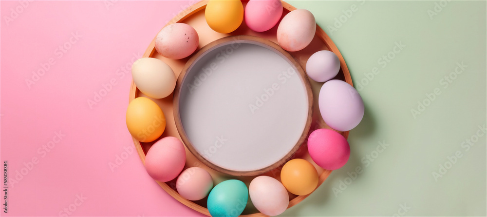 Garland of colored eggs, copy space. Hyper-realistic image created with generative artificial intelligence.
