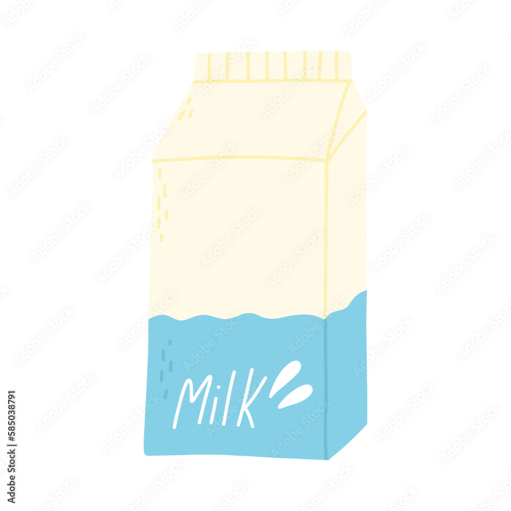 Cow goat milk in a carton box. Vector illustration. Hand drawn milk package isolated white background.