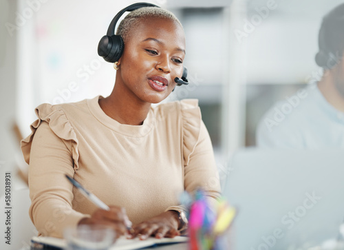 Call center and writing black woman consultant in office talking, technical support or advisory service planning. Contact agent or virtual person speaking in telemarketing, telecom or online business