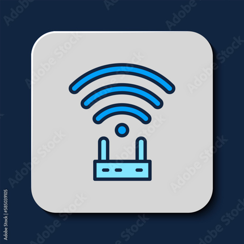 Filled outline Router and wi-fi signal icon isolated on blue background. Wireless ethernet modem router. Computer technology internet. Vector