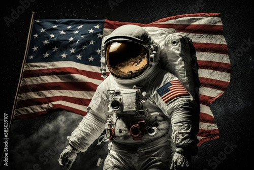 Cosmonaut or astronaut in a spacesuit on the moon surface with the American flag. Moon landing Usa flag space and science exploration symbol. Ai generated