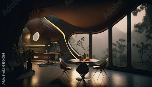 Modern interior, dappled interior lighting, misty atmosphere, soft bright daytime lighting