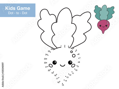 Number puzzle game. Dot to dot. Cute kawaii radish with funny face. Healthy food. Cartoon vegetable. Educational worksheet. Printable activity page for kids. Connect the dots and color. Coloring book
