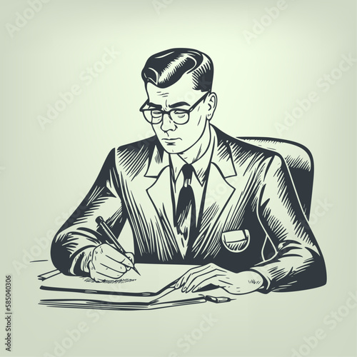 Businessman signing a contract. Woodcut engraving style hand drawn vector illustration. Optimized vector. 