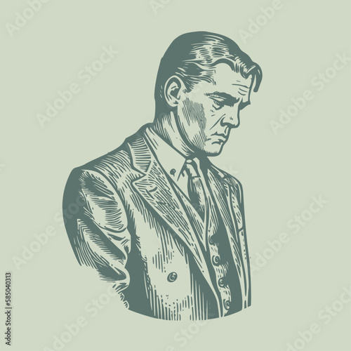 Sad man looking down. Business got bankrupt. Woodcut engraving style hand drawn vector illustration. Optimized vector. 
