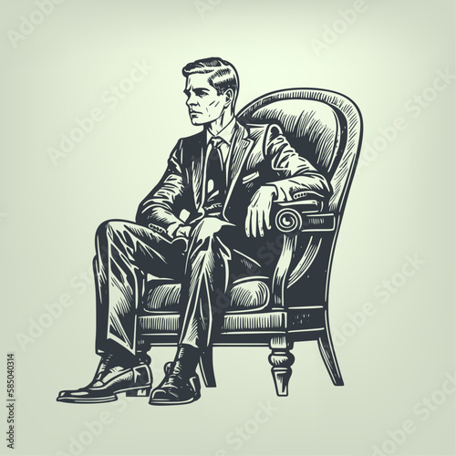 Boss businessman sitting i a chair. Woodcut engraving style hand drawn vector illustration. Optimized vector. 