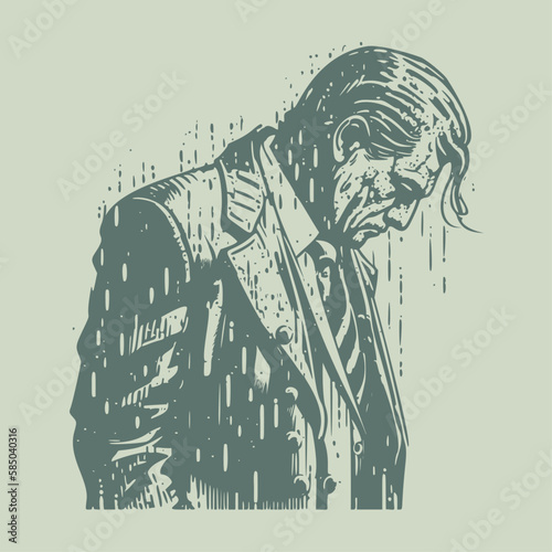 Sad man looking down. Business got bankrupt. Woodcut engraving style hand drawn vector illustration. Optimized vector. 