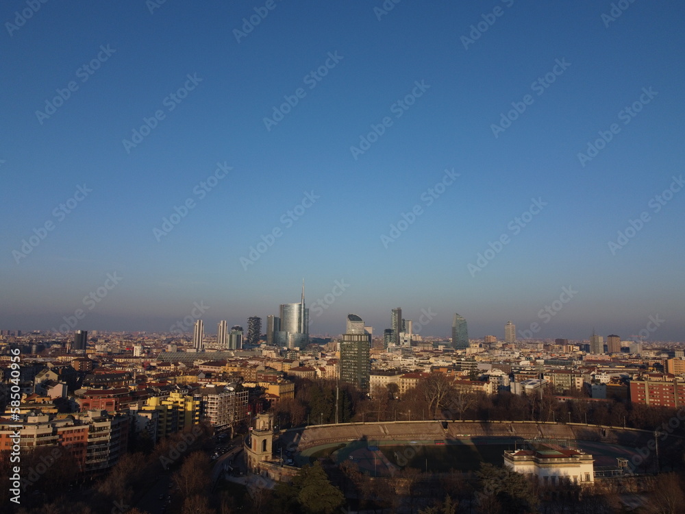 Aerial footage of park and sunset in Milan