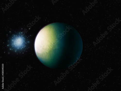 Distant planet is illuminated by a constellation of blue stars. Super-Earth on a black background. Amazing alien world. © Nazarii