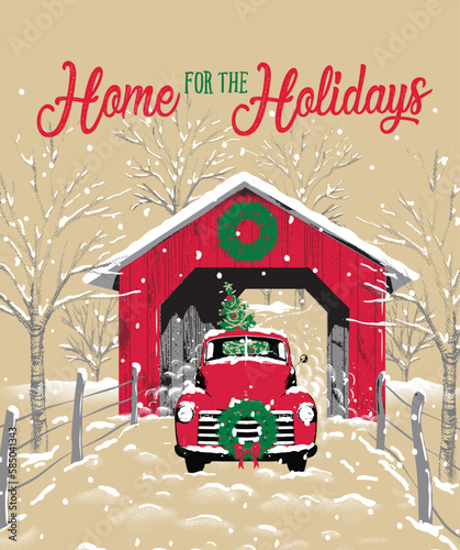 Christmas Vintage Red Truck with Covered Bridge, Home for the Holidays Text- Christmas Vintage Vector Illustration 