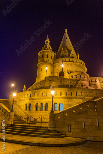 Evening view of Fisherman's Bastion at Buda castle in Budapest, Hungary