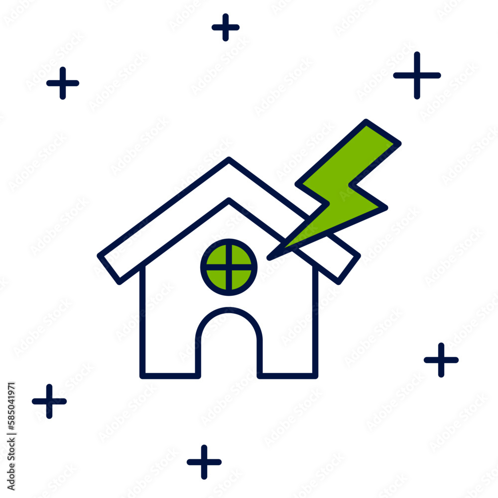 Filled outline House and lightning icon isolated on white background. House with thunderbolt for house or property insurance symbol. Vector