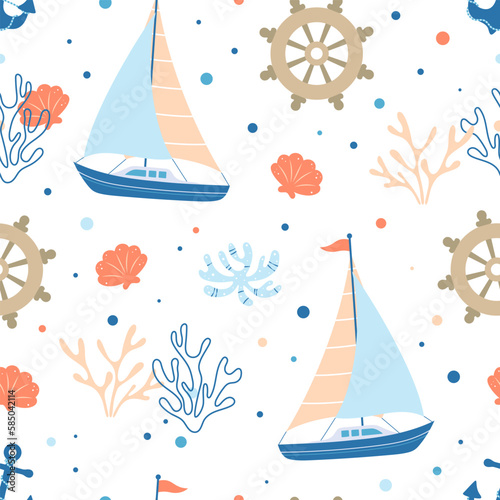 cartoon marine seamless pattern with sailboat, anchor and ship wheel