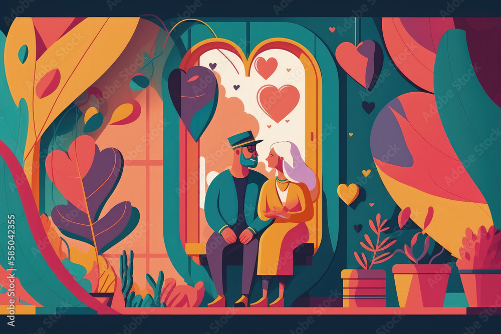 Fototapeta premium Flat retro design: Romantic love between people. Lowers in rich colors | Generative AI Production