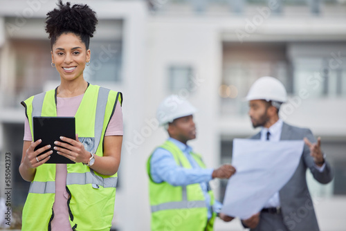 Engineer portrait, tablet and smile of woman at construction site for development in city. Architecture, technology and happy female architect with touchscreen for web scrolling or research online.
