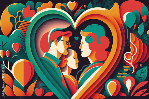 Flat retro design: Romantic love between people. Lowers in rich colors | Generative AI Production