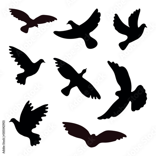 Silhouettes of doves in many different flying positions and angles
