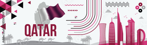 Qatar National Day Banner Design with Qatari Flag, National colors theme background, Map, Text, Doha Landmarks, Geometric Abstract Purple or Violet colors, vector Illustration, 18 December