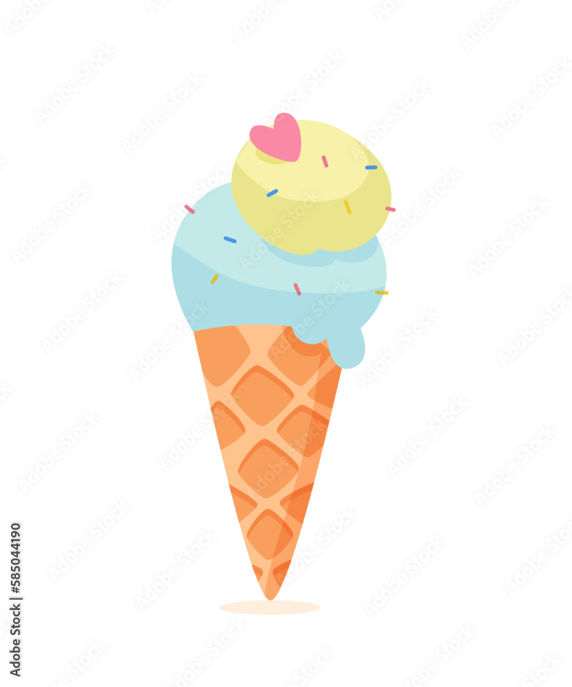 Ice cream colorful ball in cone waffle isolated on white background. Cold sweet dessert for children. Cone-shaped pastry. Vector delicious multicolor tasty fruit vanilla sundae. Summer refreshment