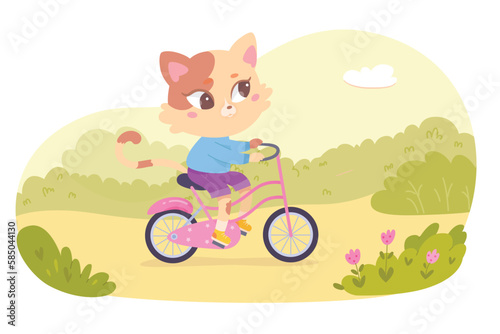 Cute cat riding bike in park vector illustration. Cartoon funny kitty cyclist sitting on pink bicycle with two wheels to ride transport, little adorable kitten rider cycling on nature in fun travel