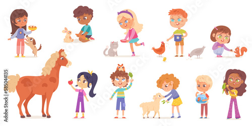 Kids feed and love animals set, cute boys and girls holding pet food and feeding friends