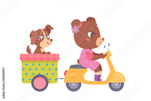 Fun summer ride of cute animals, girl bear riding motor scooter, carrying dog in cart