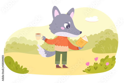 Cute wolf reading book outdoor vector illustration. Cartoon forest hipster character holding cup of coffee and open paper book in paws to read and enjoy fairy tale, adventure literature from library