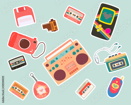 Vector set of cute 80s, 90s nostalgia stickers. Vintage electronic game, cassette, water gun, film and other objects. Trendy old school graphic collection
