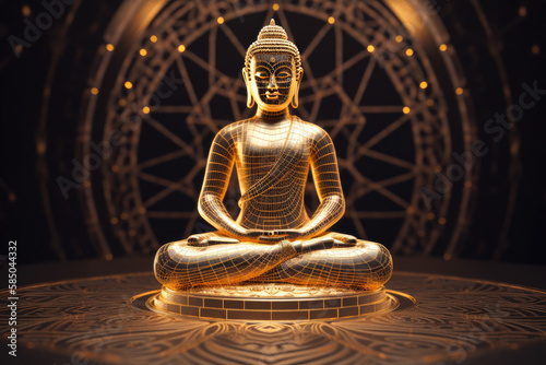 golden statue of Buddha meditating in Padmasana with glowing light line in hands against ornamental circle with flying, generative AI