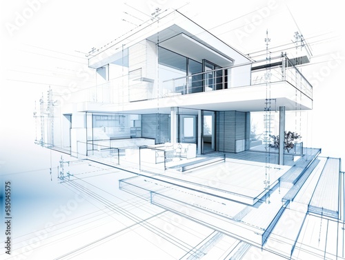 Schematics and blueprint of a modern house / villa with minimalistic outdoor design -Alternative 4