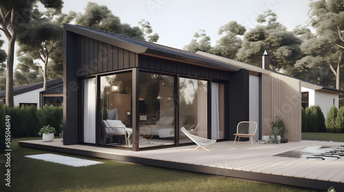 Illustration of a newly built small modern house with minimalistic nordic interior design - Alternative 5