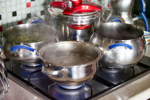 dishes cooked in a pot on the gas stove,