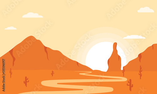 Cartoon desert landscape with cactus  hills and mountains silhouettes  vector nature horizontal background