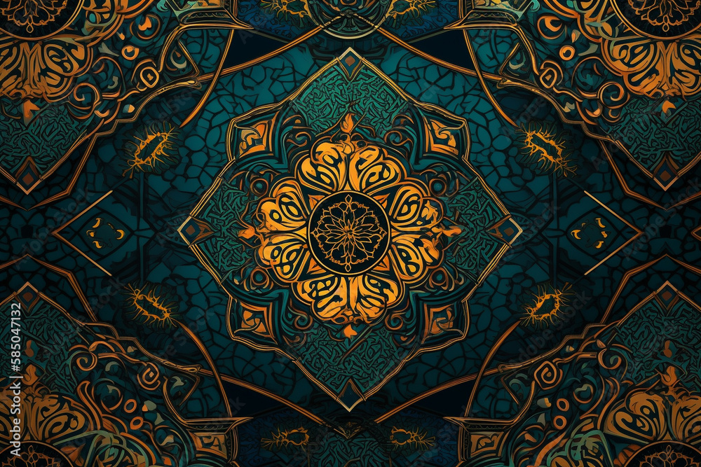 Arabic pattern background wallpaper illustration design. Intricate ornament decor with traditional arab textile decoration. Ai generated