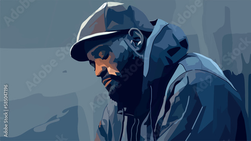 Sad depressed black man. Vector illustration of cartoon character grieving. Guy having a rough time. Negative emotions. Unhappy figure, sorrow. Man heartbroken by a breakup. Lonely solitude. Hoodie