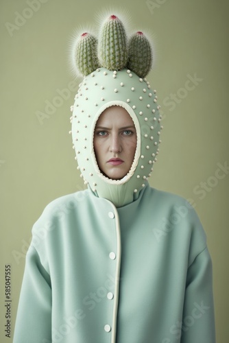 Abstract creative spring pastel costume in the shape of a plant, cactus. Young girl in costume, portrait. Generative AI.