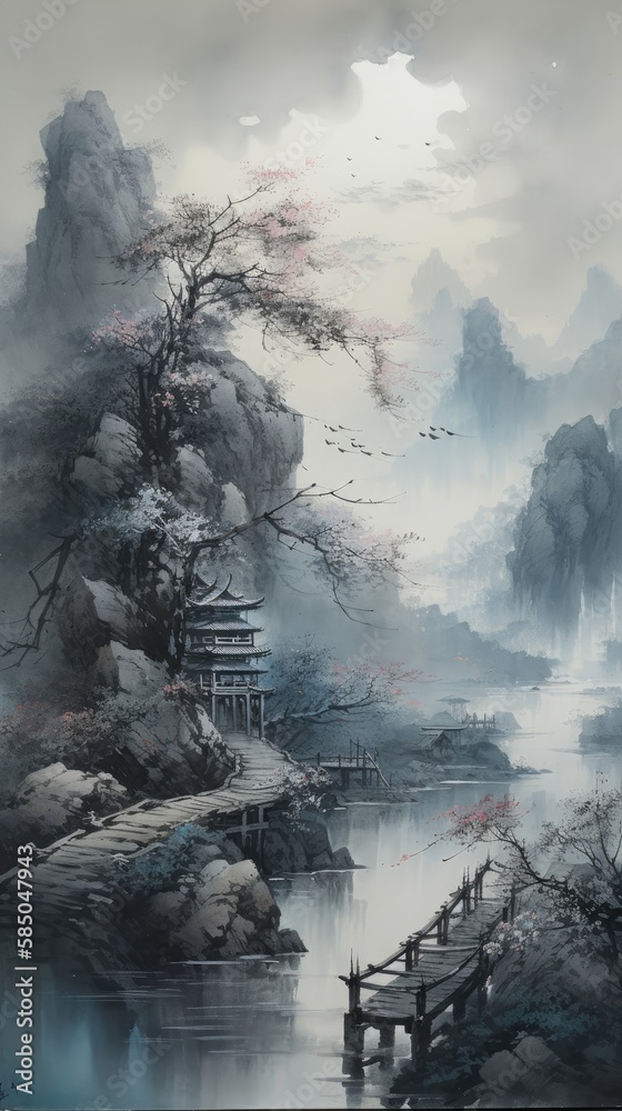 Fototapeta premium Chinese traditional landscape painting, with pavilions admist the mountain. Created by Generative AI technology.